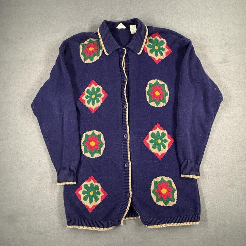 Vintage Catalina Christmas‎ Cardigan Women's Medium Blue Granny Square Print VTG